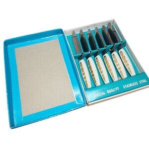 Vintage NIB Tilso Japan Canape Spreaders 6 Pieces Stainless Steel Gold White